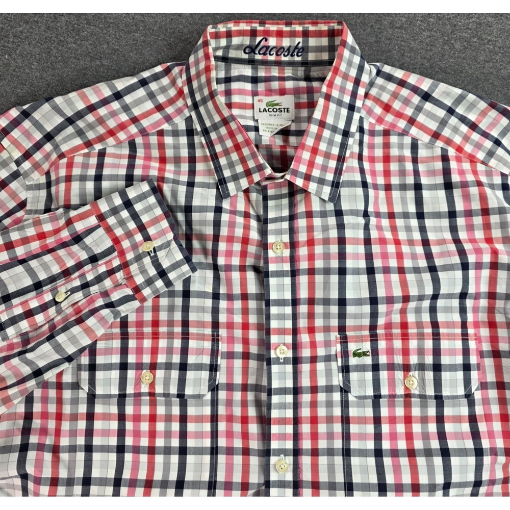 Lacoste Shirt Mens‎ 45 Slim Fit Red Blue Plaid Long Sleeve Button Down Cotton